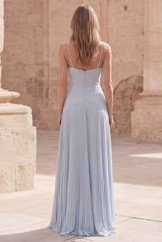 Himmelblaues A-Line Spaghetti-Träger Plissiertes langes Abschlussballkleid