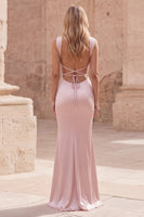 Laden Sie das Bild in den Galerie-Viewer, Rosa Meerjungfrauen-Spaghettiträger Satin-Langballkleid mit Schnürerrücken