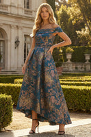 Laden Sie das Bild in den Galerie-Viewer, Pfauenblaues A-Linie Schulterfreies Asymmetrisches Blumen Festkleid