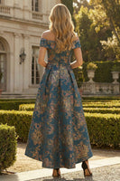 Laden Sie das Bild in den Galerie-Viewer, Pfauenblaues A-Linie Schulterfreies Asymmetrisches Blumen Festkleid