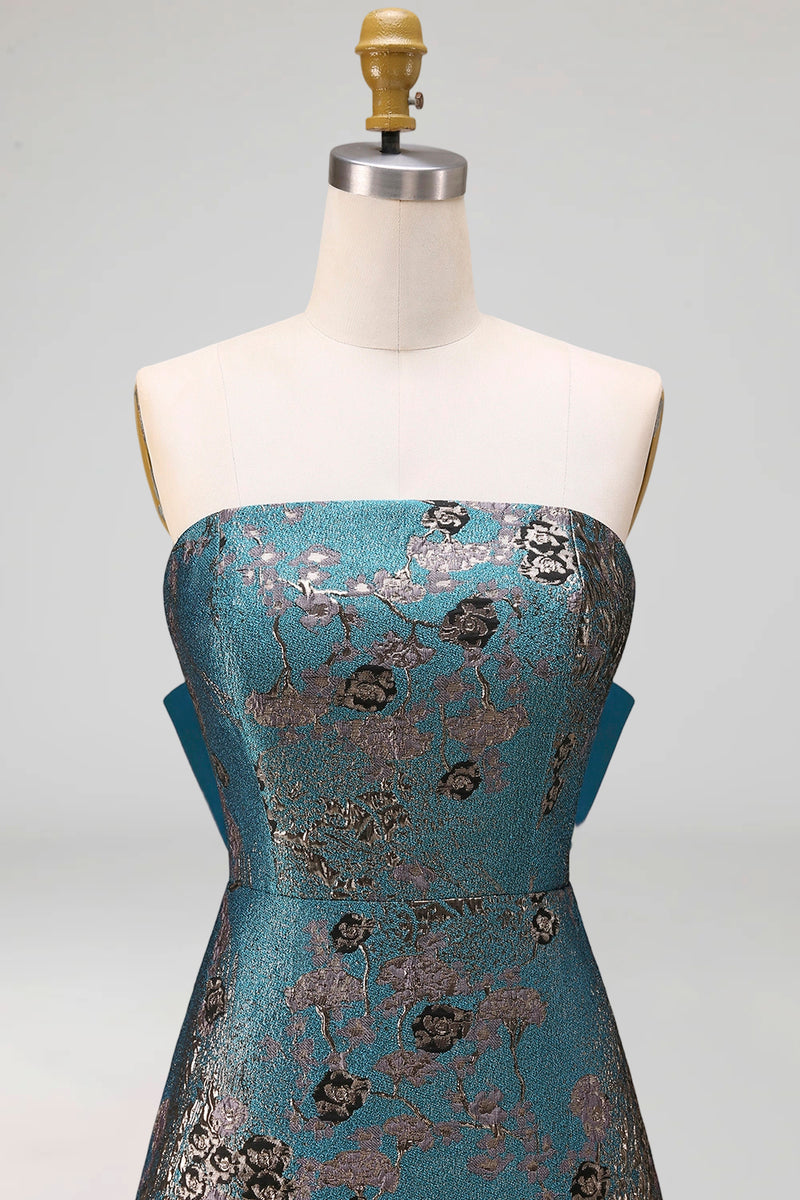 Laden Sie das Bild in den Galerie-Viewer, Pfau Blaues Trägerloses A-Linie Langes Blumen Festliches Kleid mit Schleife