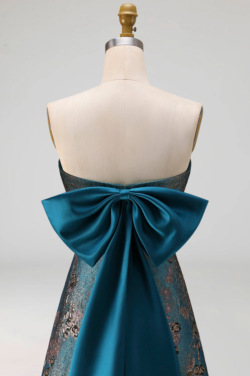 Laden Sie das Bild in den Galerie-Viewer, Pfau Blaues Trägerloses A-Linie Langes Blumen Festliches Kleid mit Schleife