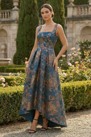 Laden Sie das Bild in den Galerie-Viewer, Pfauenblaues A-Linie Quadrathals Asymmetrisches Festliches Kleid
