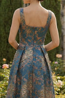 Laden Sie das Bild in den Galerie-Viewer, Pfauenblaues A-Linie Quadrathals Asymmetrisches Festliches Kleid
