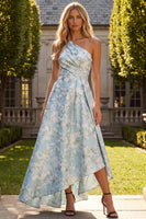 Laden Sie das Bild in den Galerie-Viewer, Pfauenblaues Jacquare Eine Schulter A-Linie Asymmetrisches Blumen Festliches Kleid