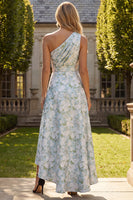 Laden Sie das Bild in den Galerie-Viewer, Pfauenblaues Jacquare Eine Schulter A-Linie Asymmetrisches Blumen Festliches Kleid