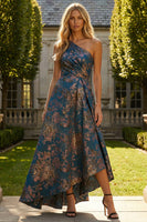 Laden Sie das Bild in den Galerie-Viewer, Pfauenblaues Jacquare Eine Schulter A-Linie Asymmetrisches Blumen Festliches Kleid