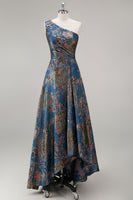 Laden Sie das Bild in den Galerie-Viewer, Pfauenblaues Jacquare Eine Schulter A-Linie Asymmetrisches Blumen Festliches Kleid