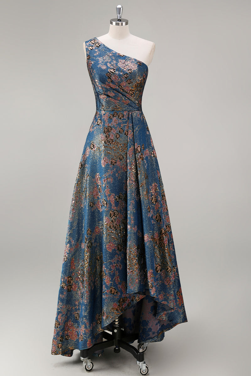 Laden Sie das Bild in den Galerie-Viewer, Pfauenblaues Jacquare Eine Schulter A-Linie Asymmetrisches Blumen Festliches Kleid