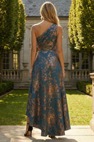 Laden Sie das Bild in den Galerie-Viewer, Pfauenblaues Jacquare Eine Schulter A-Linie Asymmetrisches Blumen Festliches Kleid