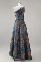 Laden Sie das Bild in den Galerie-Viewer, Pfauenblaues Jacquare Eine Schulter A-Linie Asymmetrisches Blumen Festliches Kleid
