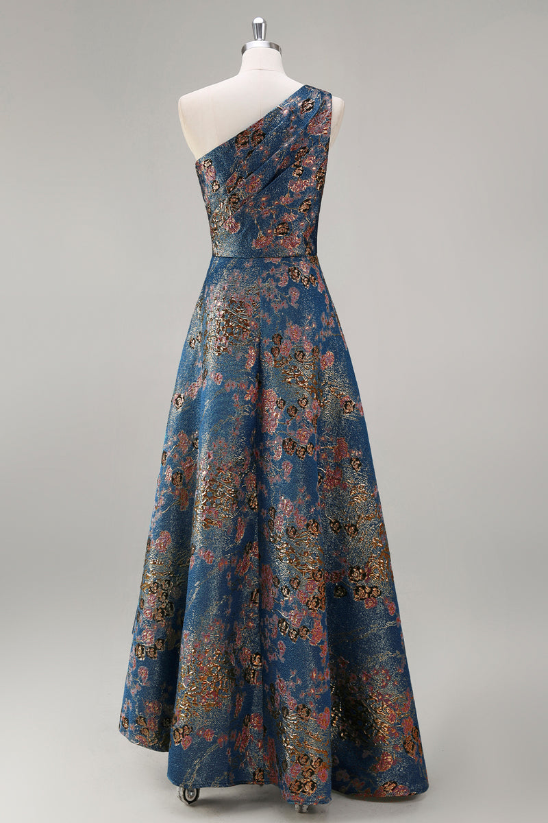 Laden Sie das Bild in den Galerie-Viewer, Pfauenblaues Jacquare Eine Schulter A-Linie Asymmetrisches Blumen Festliches Kleid