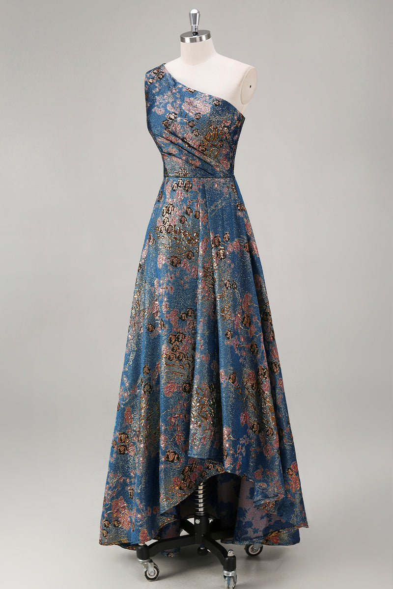 Laden Sie das Bild in den Galerie-Viewer, Pfauenblaues Jacquare Eine Schulter A-Linie Asymmetrisches Blumen Festliches Kleid