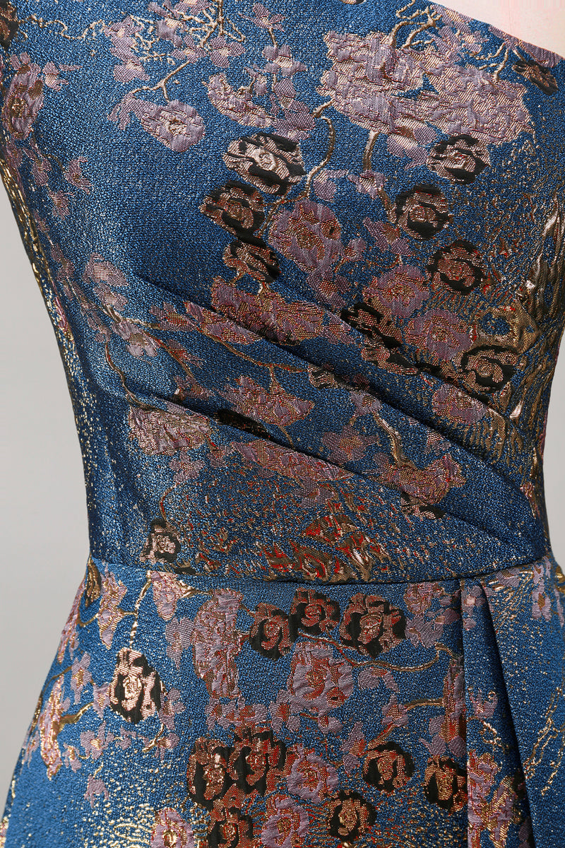 Laden Sie das Bild in den Galerie-Viewer, Pfauenblaues Jacquare Eine Schulter A-Linie Asymmetrisches Blumen Festliches Kleid