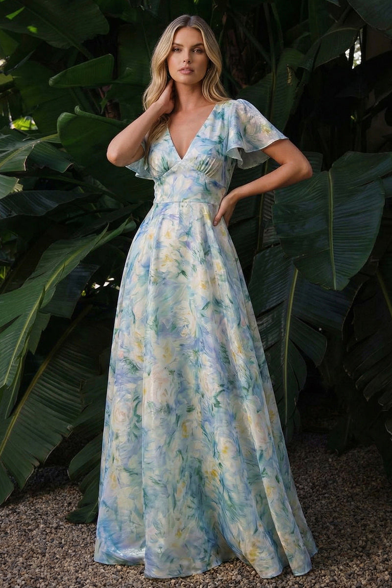 Laden Sie das Bild in den Galerie-Viewer, Hellgrünes Blumen V-Ausschnitt A-Linie Langes Festkleid