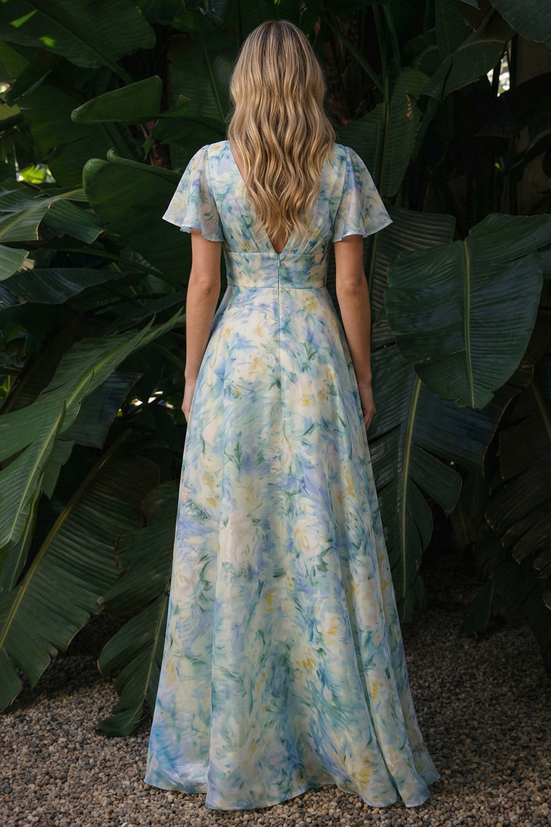 Laden Sie das Bild in den Galerie-Viewer, Hellgrünes Blumen V-Ausschnitt A-Linie Langes Festkleid