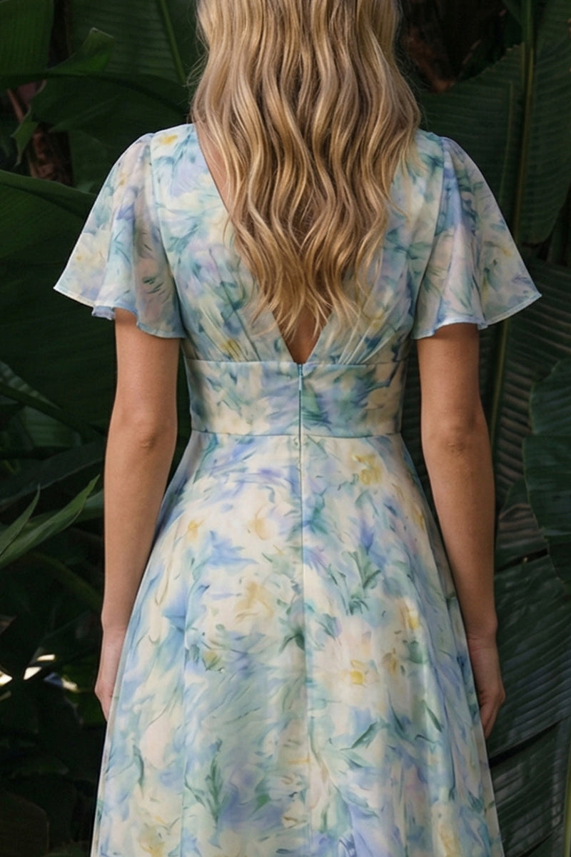 Laden Sie das Bild in den Galerie-Viewer, Hellgrünes Blumen V-Ausschnitt A-Linie Langes Festkleid