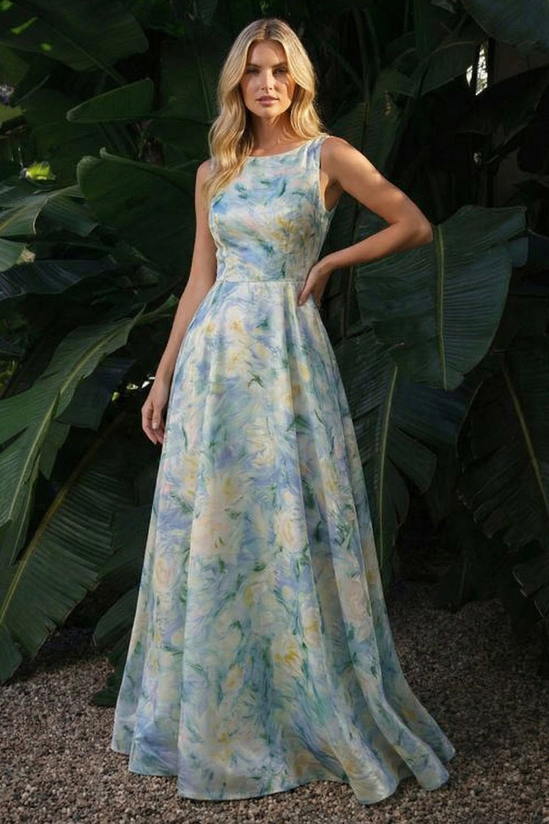 Laden Sie das Bild in den Galerie-Viewer, Hellgrünes A-Linie Bootsausschnitt Geblümtes Langes Festkleid