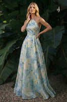 Laden Sie das Bild in den Galerie-Viewer, Hellgrünes Blumenmuster Langes A-Linie Rückenloses Halter Festkleid