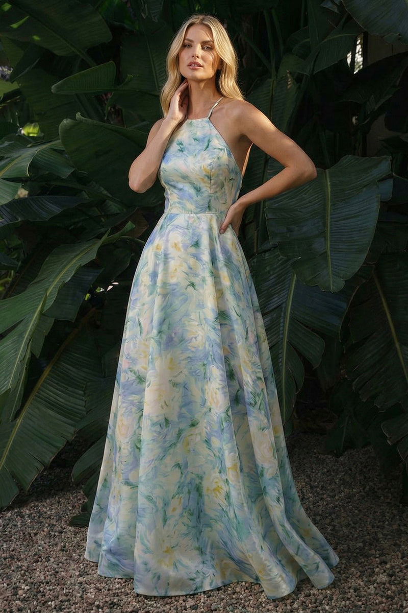 Laden Sie das Bild in den Galerie-Viewer, Hellgrünes Blumenmuster Langes A-Linie Rückenloses Halter Festkleid