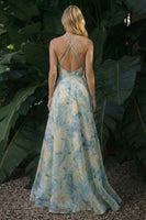 Laden Sie das Bild in den Galerie-Viewer, Hellgrünes Blumenmuster Langes A-Linie Rückenloses Halter Festkleid