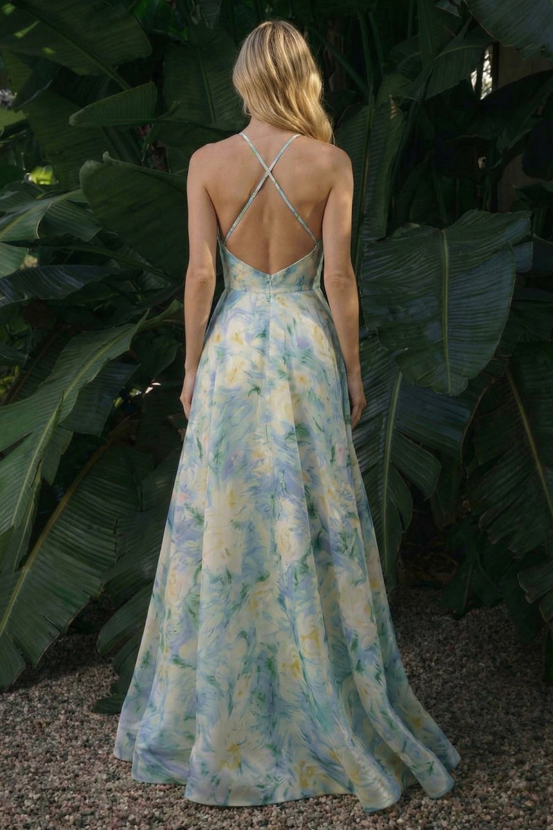 Laden Sie das Bild in den Galerie-Viewer, Hellgrünes Blumenmuster Langes A-Linie Rückenloses Halter Festkleid