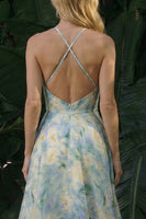 Laden Sie das Bild in den Galerie-Viewer, Hellgrünes Blumenmuster Langes A-Linie Rückenloses Halter Festkleid