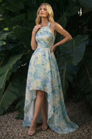 Laden Sie das Bild in den Galerie-Viewer, Hellgrünes A-Linie Blumenmuster Hoch-niedriges Festliches Kleid
