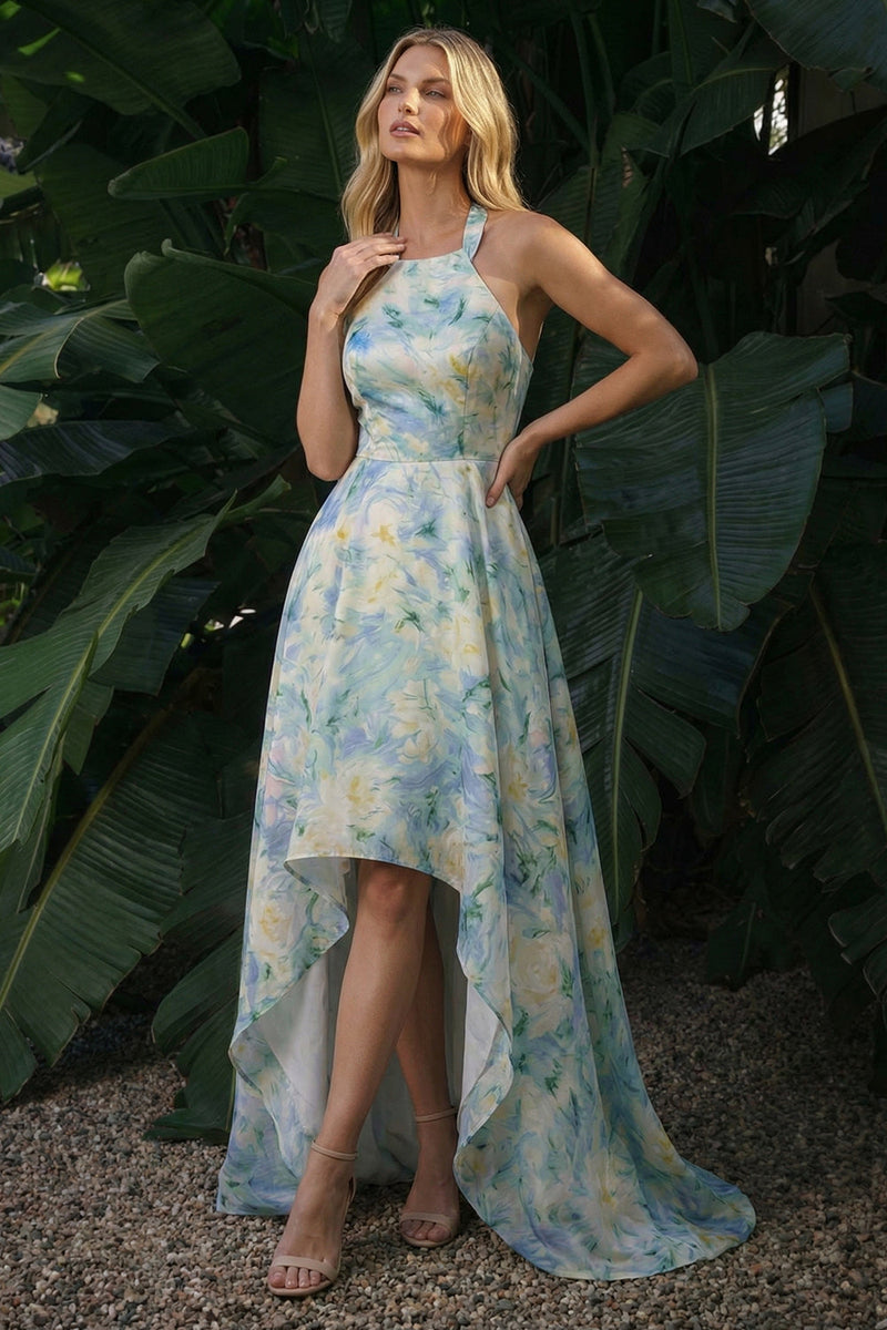 Laden Sie das Bild in den Galerie-Viewer, Hellgrünes A-Linie Blumenmuster Hoch-niedriges Festliches Kleid