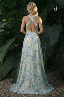 Laden Sie das Bild in den Galerie-Viewer, Hellgrünes A-Linie Blumenmuster Hoch-niedriges Festliches Kleid