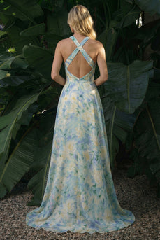 Hellgrünes A-Linie Blumenmuster Hoch-niedriges Festliches Kleid