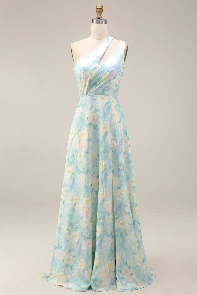 Laden Sie das Bild in den Galerie-Viewer, Hellgrünes A-Linie Langes Blumen Festkleid mit Schlitz