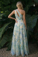 Laden Sie das Bild in den Galerie-Viewer, Hellgrünes A-Linie Langes Blumen Festkleid mit Schlitz