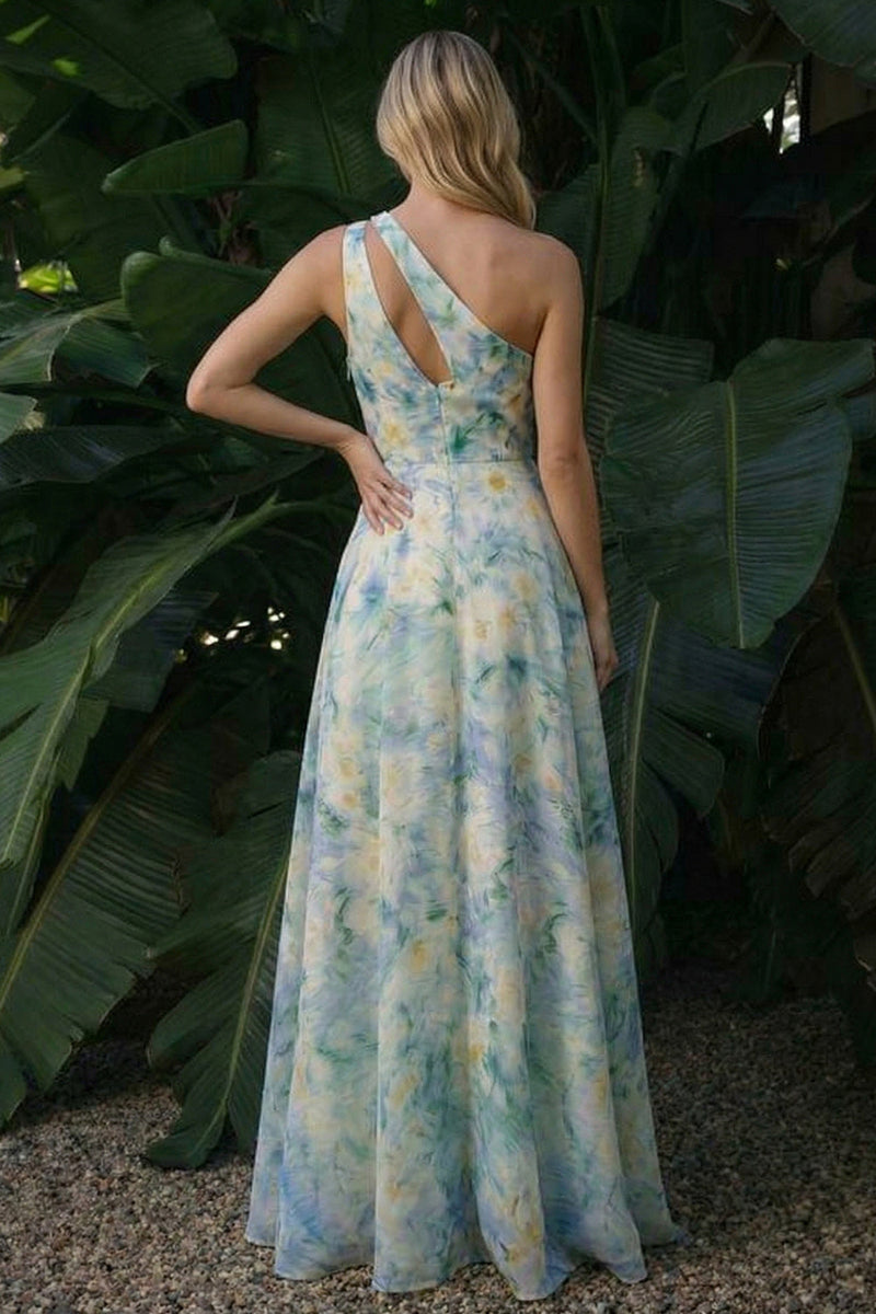 Laden Sie das Bild in den Galerie-Viewer, Hellgrünes A-Linie Langes Blumen Festkleid mit Schlitz