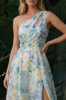 Laden Sie das Bild in den Galerie-Viewer, Hellgrünes A-Linie Langes Blumen Festkleid mit Schlitz