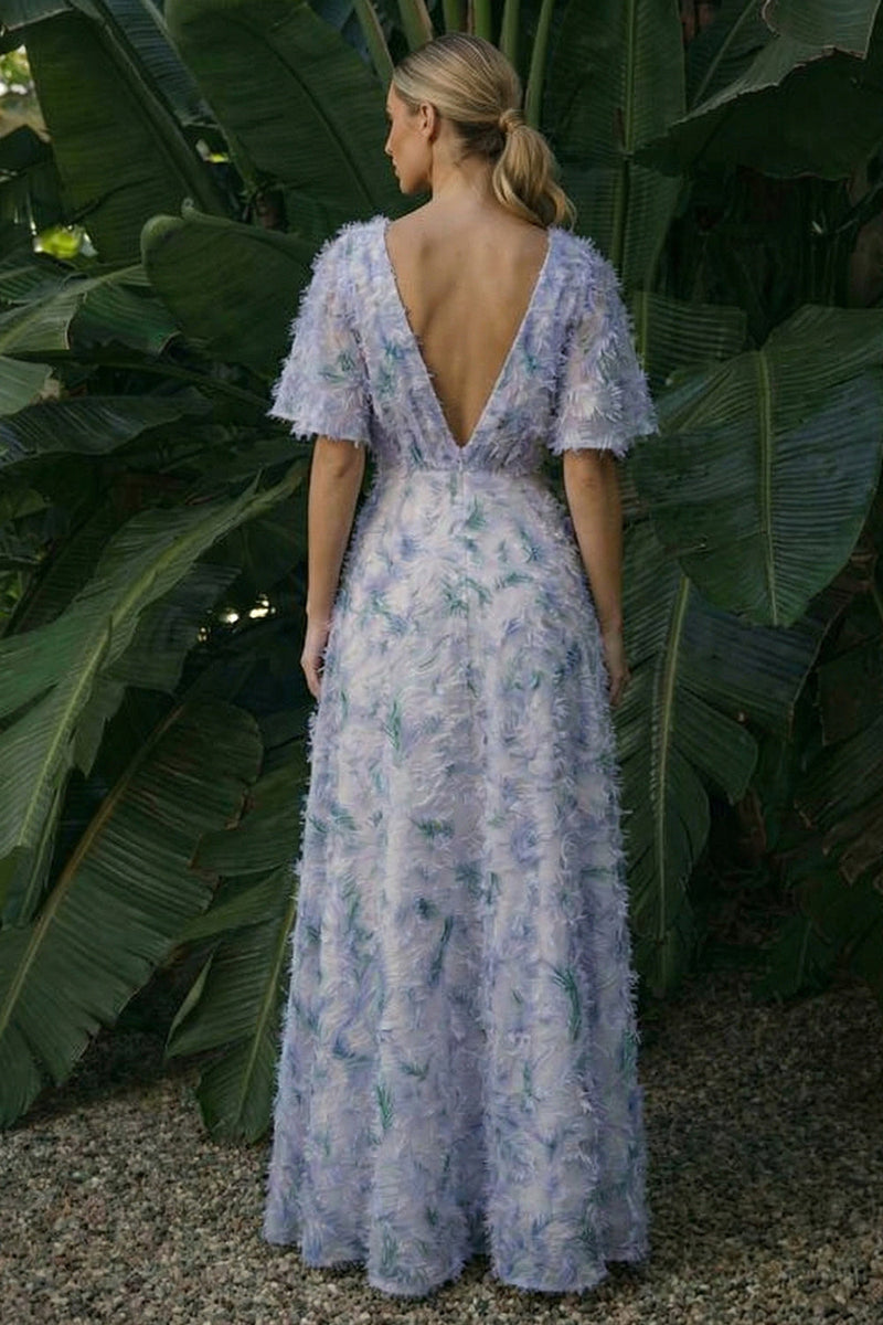Laden Sie das Bild in den Galerie-Viewer, Hellviolettes V-Ausschnitt Rückenloses Langes Geblümtes A-Linie Festkleid