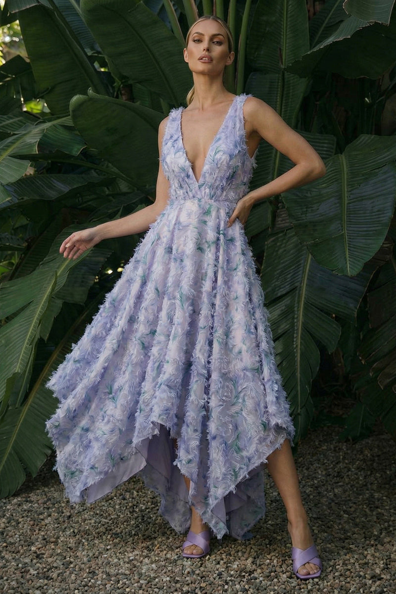 Laden Sie das Bild in den Galerie-Viewer, Hellviolettes Blumenmuster A-Linie Rückenloses Festkleid