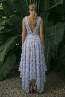Laden Sie das Bild in den Galerie-Viewer, Hellviolettes Blumenmuster A-Linie Rückenloses Festkleid
