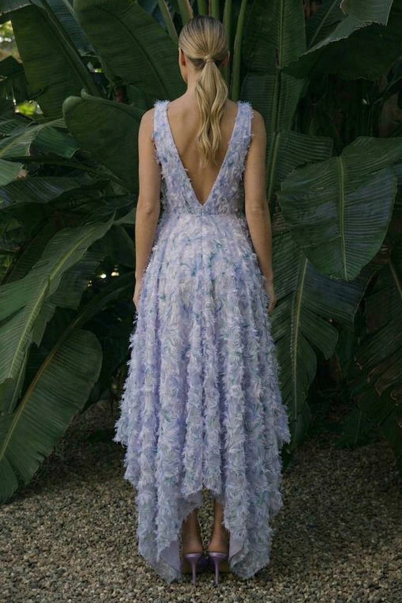 Laden Sie das Bild in den Galerie-Viewer, Hellviolettes Blumenmuster A-Linie Rückenloses Festkleid