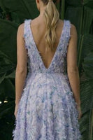 Laden Sie das Bild in den Galerie-Viewer, Hellviolettes Blumenmuster A-Linie Rückenloses Festkleid