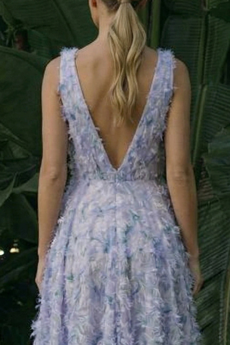 Laden Sie das Bild in den Galerie-Viewer, Hellviolettes Blumenmuster A-Linie Rückenloses Festkleid