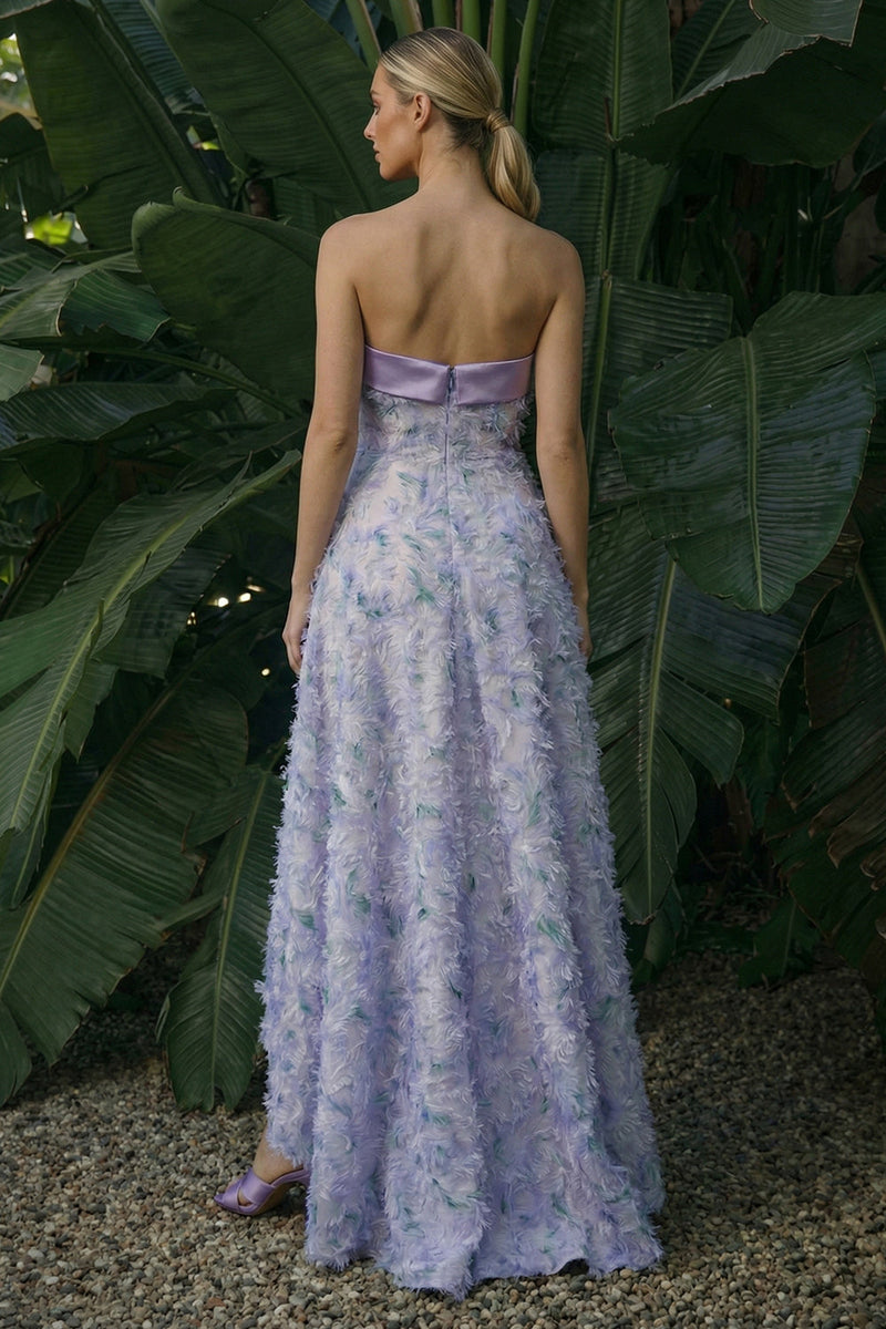 Laden Sie das Bild in den Galerie-Viewer, Hellviolettes Trägerloses Asymmetrisches Blumen A-Linie Formelles Kleid