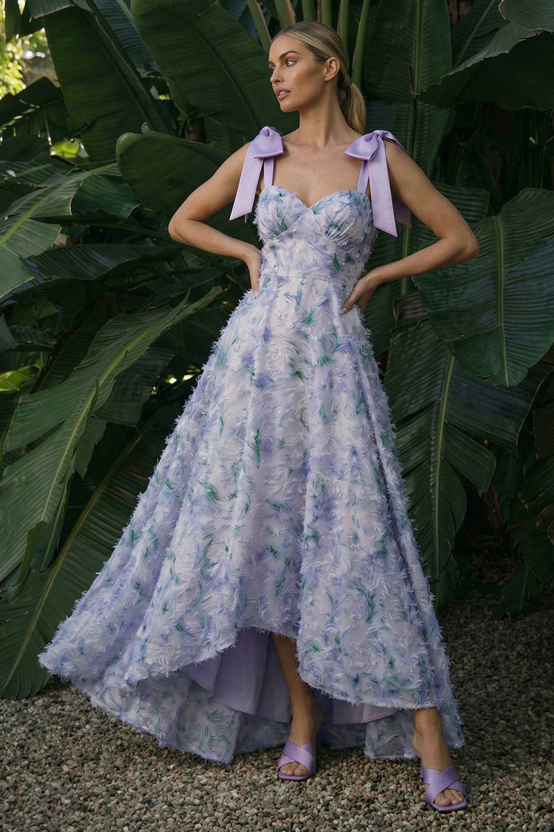 Laden Sie das Bild in den Galerie-Viewer, Hellviolett Langes Blumenmuster Formelles Kleid mit Schleifen