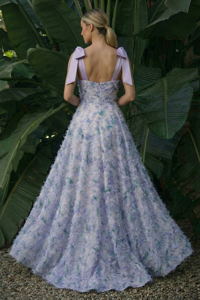 Laden Sie das Bild in den Galerie-Viewer, Hellviolett Langes Blumenmuster Formelles Kleid mit Schleifen