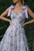 Laden Sie das Bild in den Galerie-Viewer, Hellviolett Langes Blumenmuster Formelles Kleid mit Schleifen