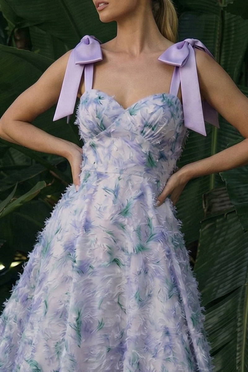 Laden Sie das Bild in den Galerie-Viewer, Hellviolett Langes Blumenmuster Formelles Kleid mit Schleifen