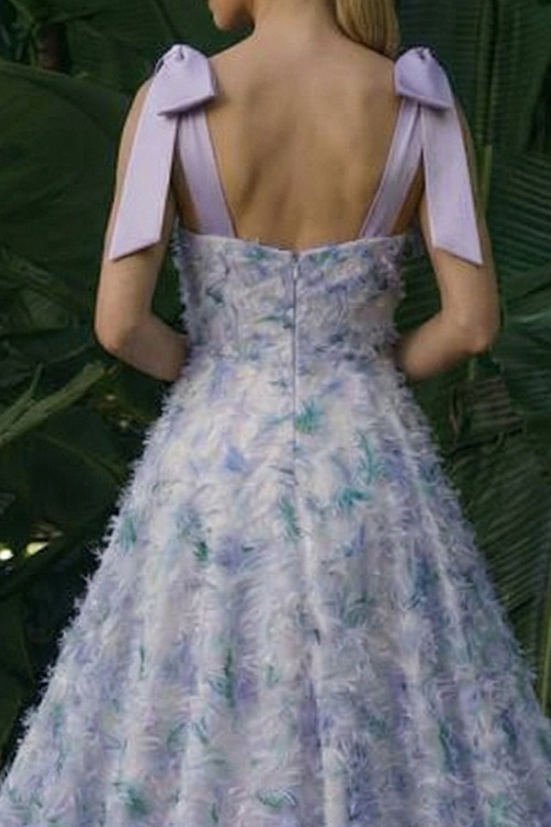 Laden Sie das Bild in den Galerie-Viewer, Hellviolett Langes Blumenmuster Formelles Kleid mit Schleifen