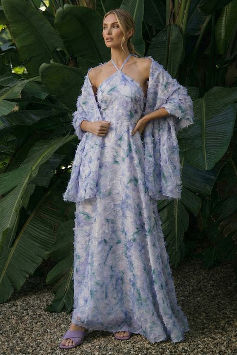 Laden Sie das Bild in den Galerie-Viewer, Hellviolettes Langes Blumenmuster A-Linie Neckholder Rückenloses Festliches Kleid mit Umhang