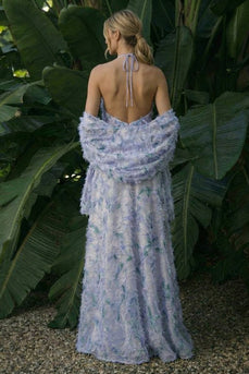 Hellviolettes Langes Blumenmuster A-Linie Neckholder Rückenloses Festliches Kleid mit Umhang