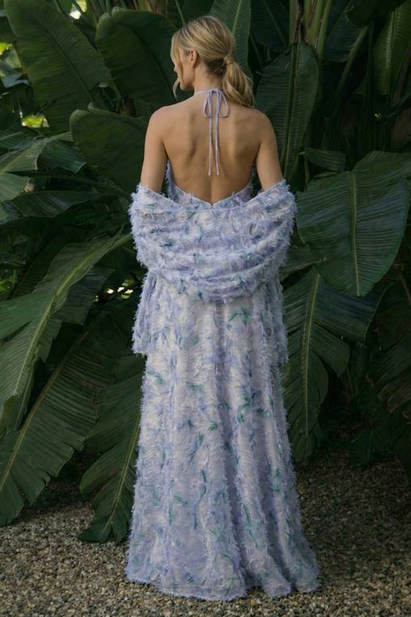 Laden Sie das Bild in den Galerie-Viewer, Hellviolettes Langes Blumenmuster A-Linie Neckholder Rückenloses Festliches Kleid mit Umhang